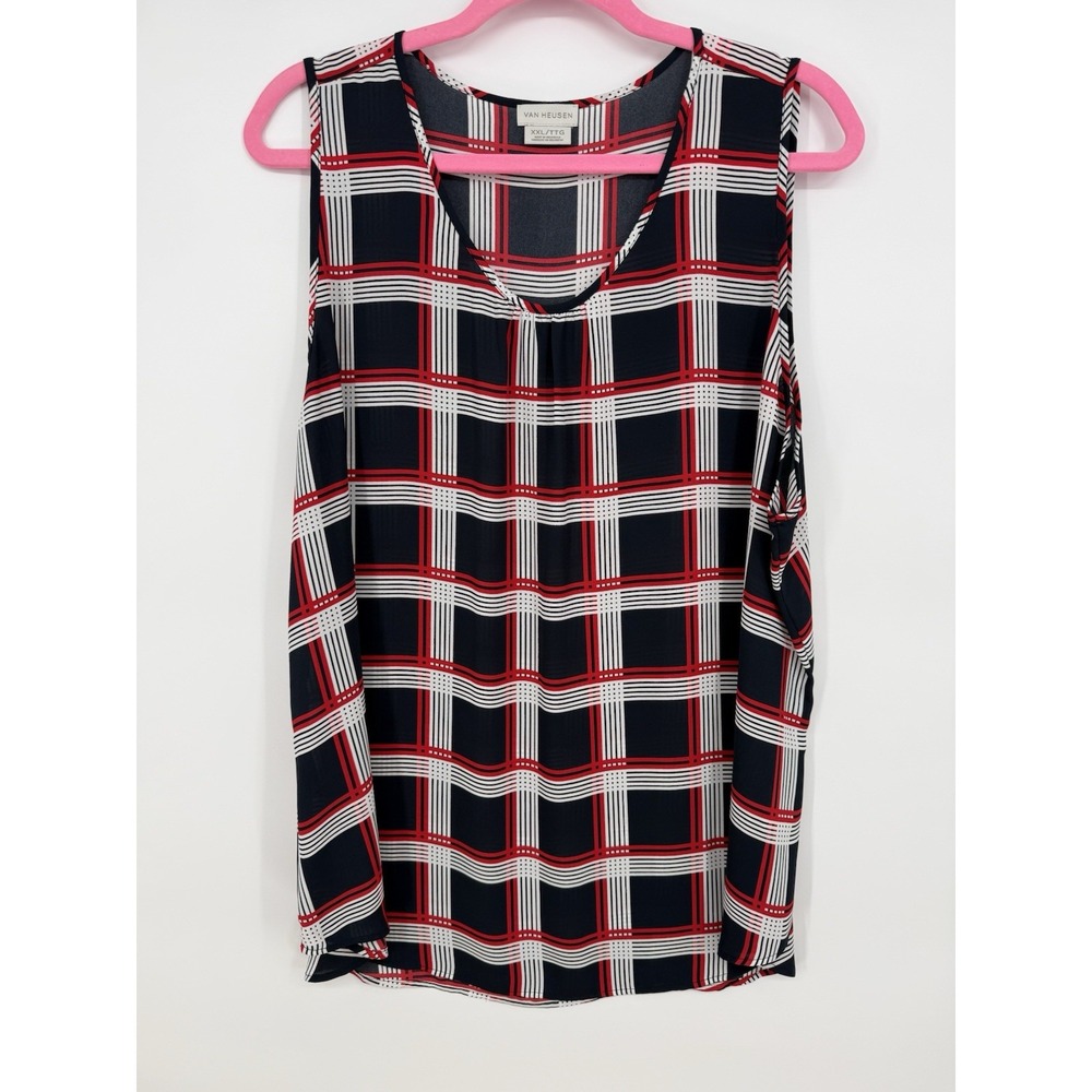 VAN HEUSEN Women's Red/White/Blue Plaid TANK TOP SIZE 2X